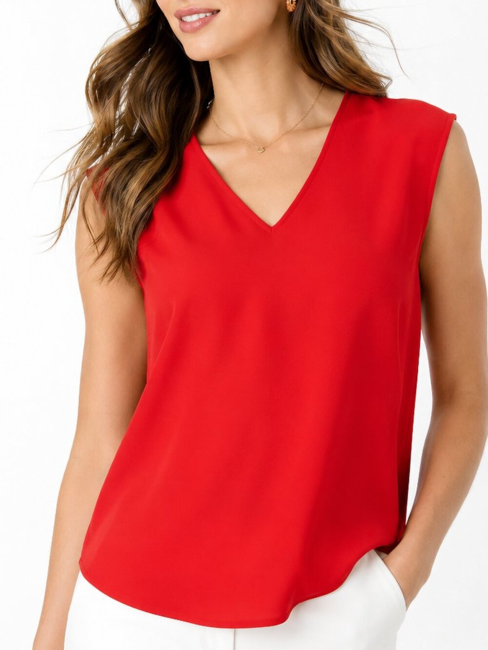Pleione Red Chiffon V Neck Cap Sleeve Career Blouse Top Size XS